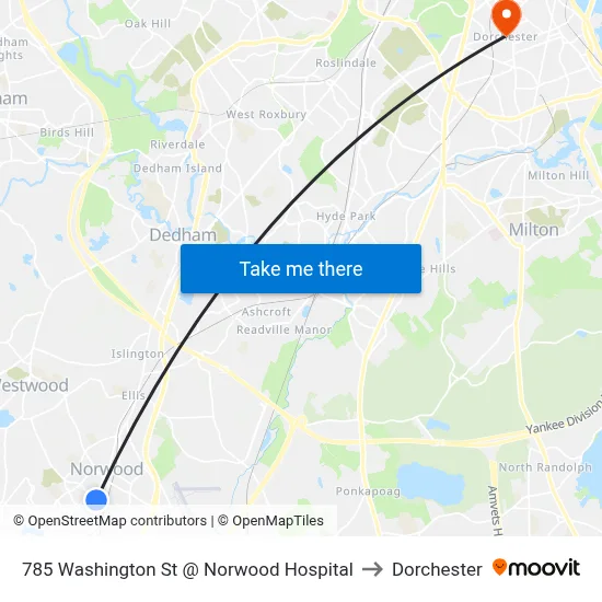 785 Washington St @ Norwood Hospital to Dorchester map