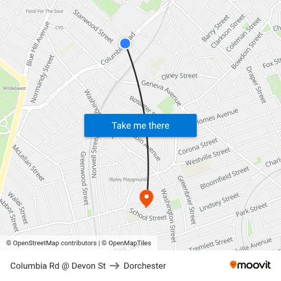 Columbia Rd @ Devon St to Dorchester map