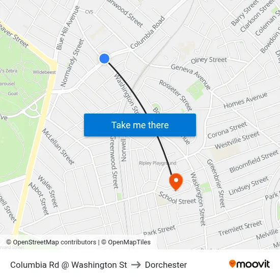 Columbia Rd @ Washington St to Dorchester map