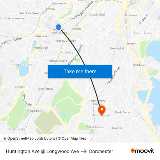 Huntington Ave @ Longwood Ave to Dorchester map