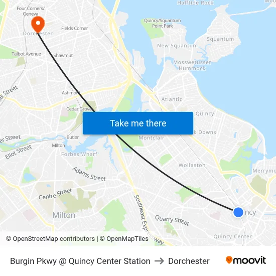 Burgin Pkwy @ Quincy Center Station to Dorchester map