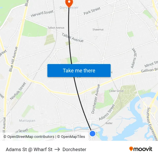 Adams St @ Wharf St to Dorchester map