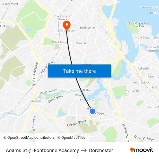 Adams St @ Fontbonne Academy to Dorchester map