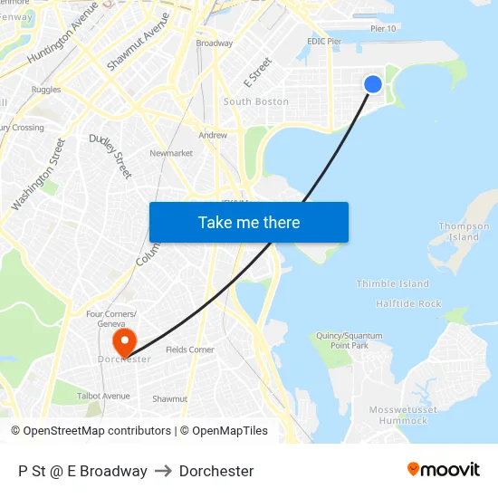 P St @ E Broadway to Dorchester map
