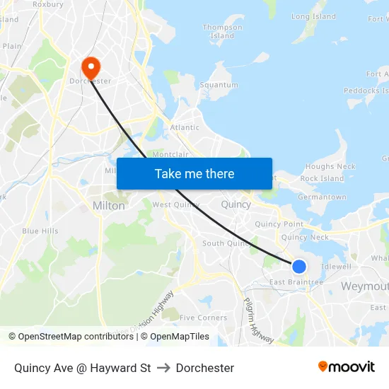 Quincy Ave @ Hayward St to Dorchester map