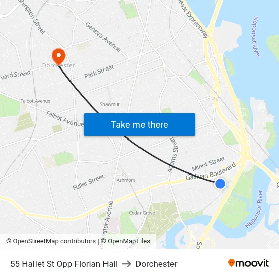55 Hallet St Opp Florian Hall to Dorchester map