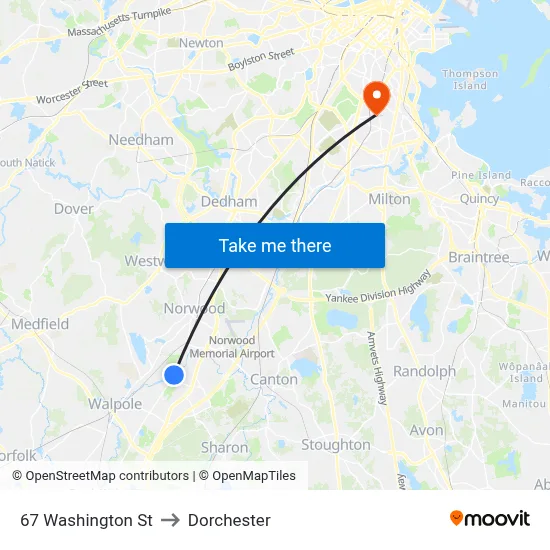 67 Washington St to Dorchester map