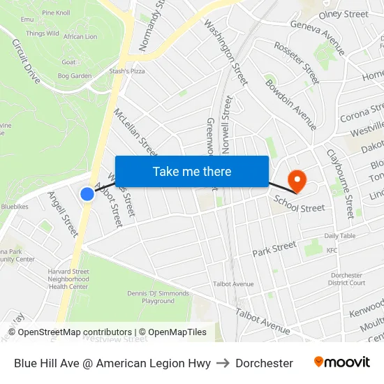 Blue Hill Ave @ American Legion Hwy to Dorchester map