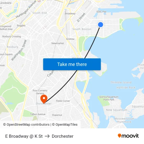 E Broadway @ K St to Dorchester map
