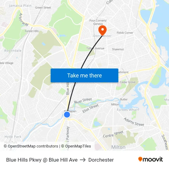 Blue Hills Pkwy @ Blue Hill Ave to Dorchester map