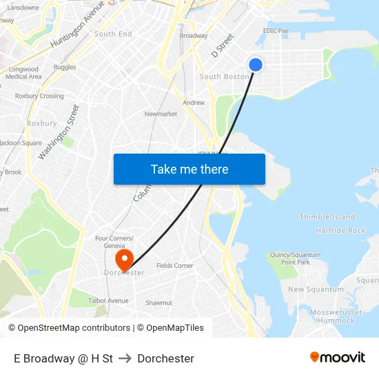 E Broadway @ H St to Dorchester map