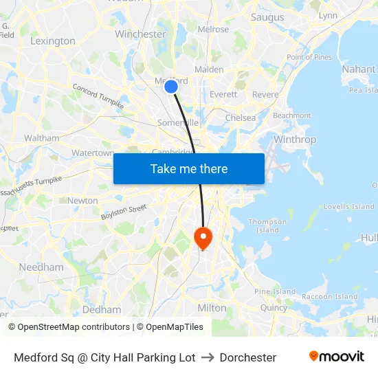 Medford Sq @ City Hall Parking Lot to Dorchester map