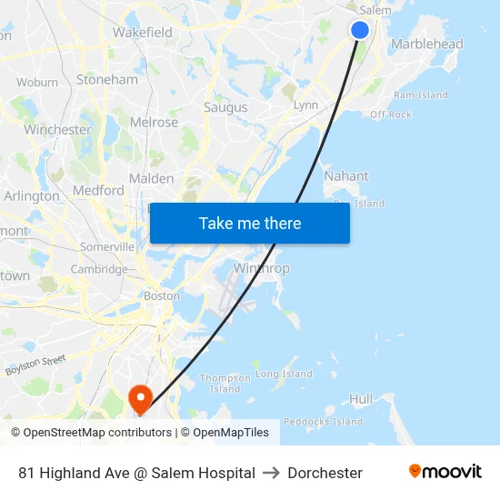 81 Highland Ave @ Salem Hospital to Dorchester map