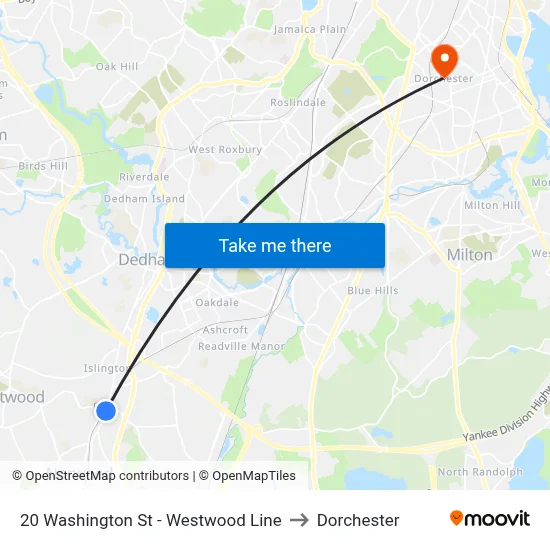 20 Washington St - Westwood Line to Dorchester map