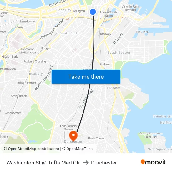 Washington St @ Tufts Med Ctr to Dorchester map