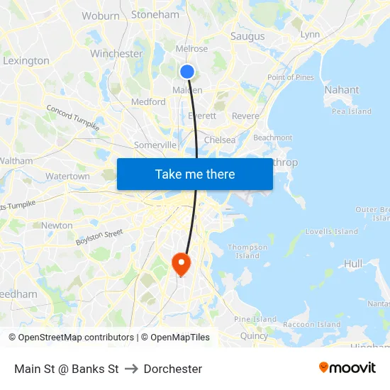 Main St @ Banks St to Dorchester map