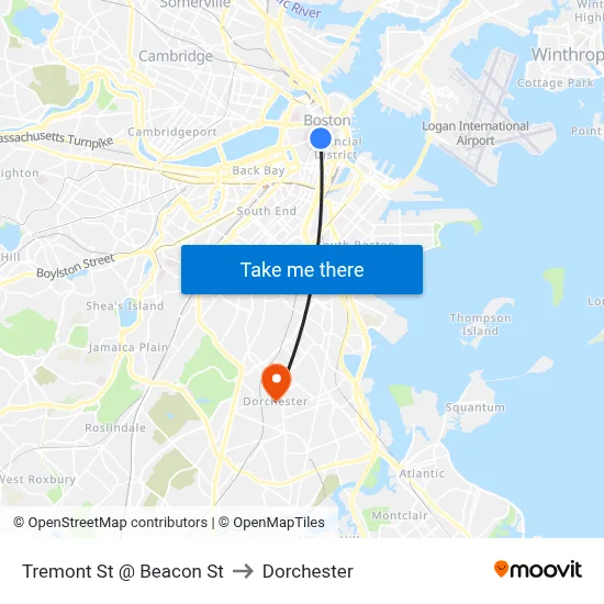 Tremont St @ Beacon St to Dorchester map