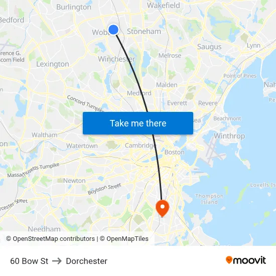 60 Bow St to Dorchester map
