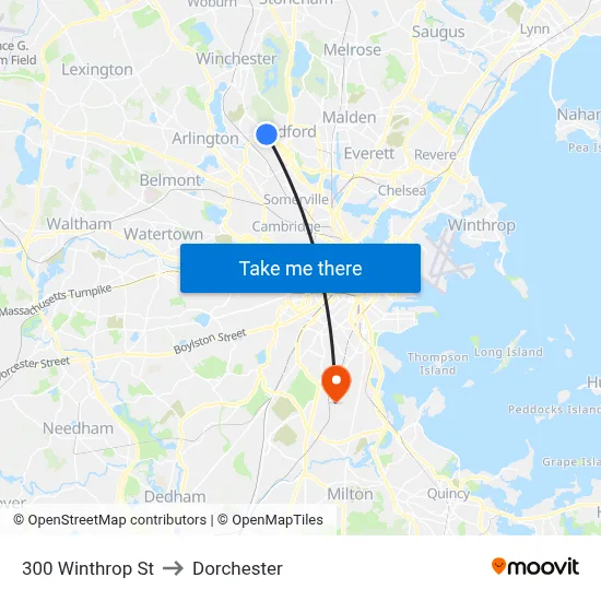 300 Winthrop St to Dorchester map