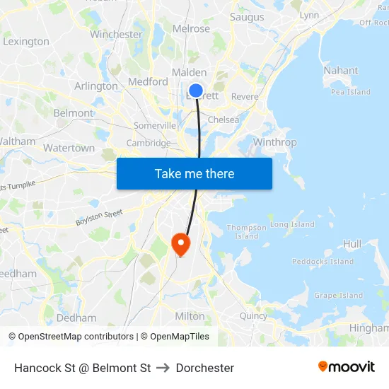 Hancock St @ Belmont St to Dorchester map