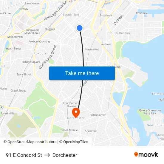 91 E Concord St to Dorchester map