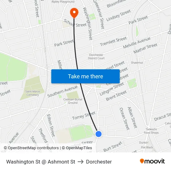 Washington St @ Ashmont St to Dorchester map