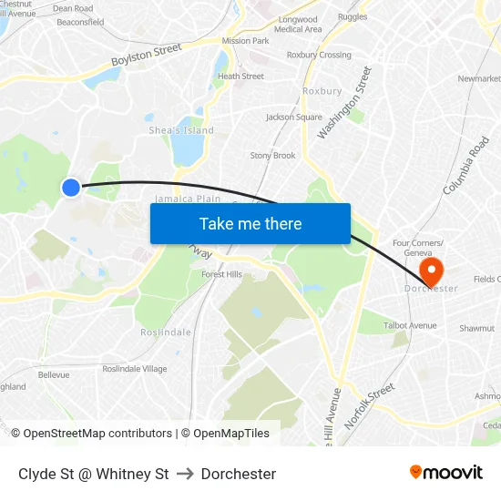 Clyde St @ Whitney St to Dorchester map