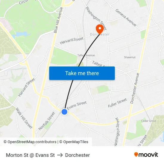 Morton St @ Evans St to Dorchester map