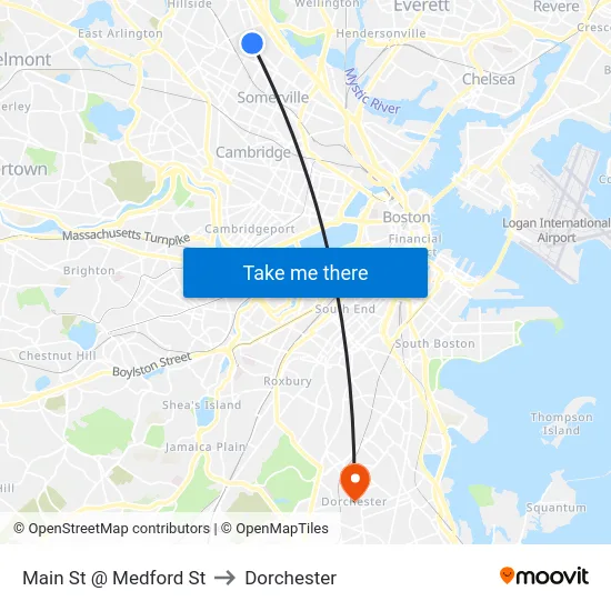 Main St @ Medford St to Dorchester map