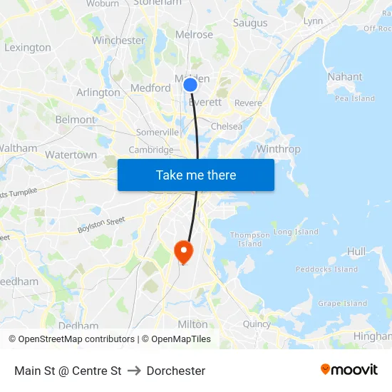 Main St @ Centre St to Dorchester map