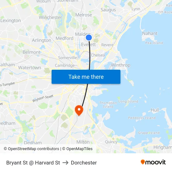 Bryant St @ Harvard St to Dorchester map