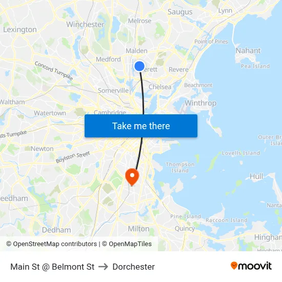 Main St @ Belmont St to Dorchester map