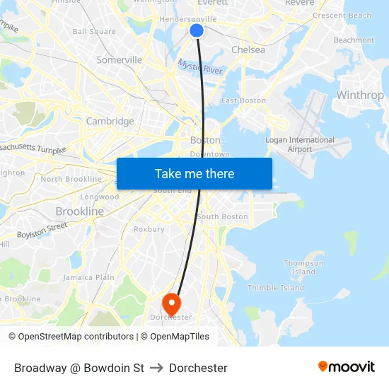 Broadway @ Bowdoin St to Dorchester map