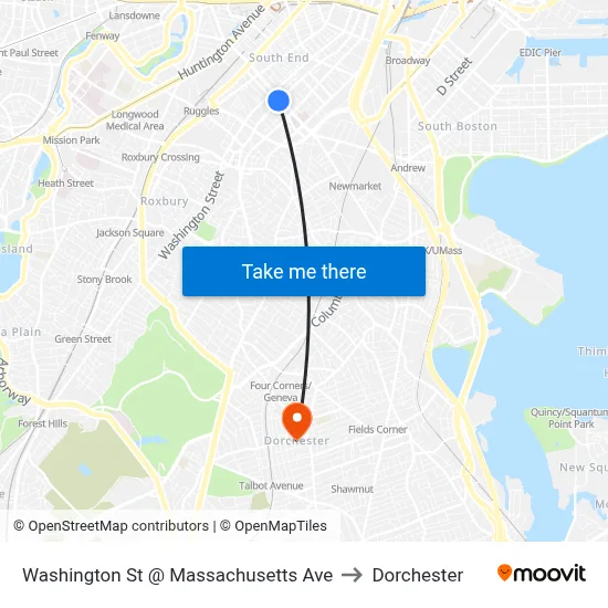 Washington St @ Massachusetts Ave to Dorchester map
