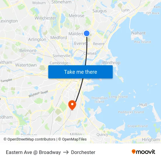 Eastern Ave @ Broadway to Dorchester map