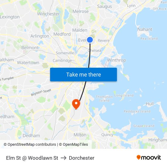 Elm St @ Woodlawn St to Dorchester map