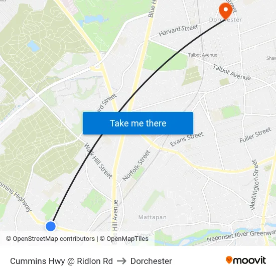 Cummins Hwy @ Ridlon Rd to Dorchester map