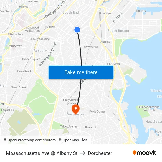 Massachusetts Ave @ Albany St to Dorchester map
