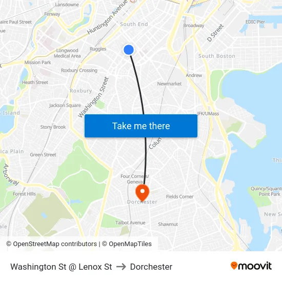 Washington St @ Lenox St to Dorchester map