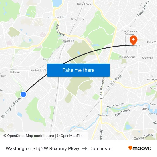 Washington St @ W Roxbury Pkwy to Dorchester map