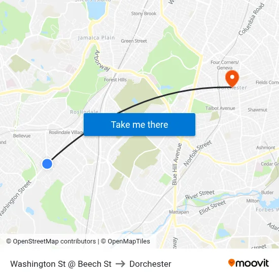 Washington St @ Beech St to Dorchester map