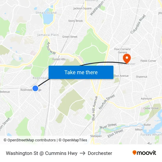 Washington St @ Cummins Hwy to Dorchester map