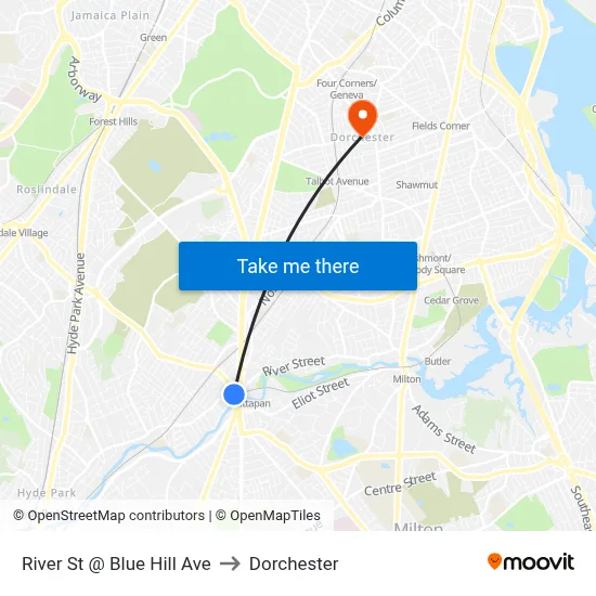 River St @ Blue Hill Ave to Dorchester map
