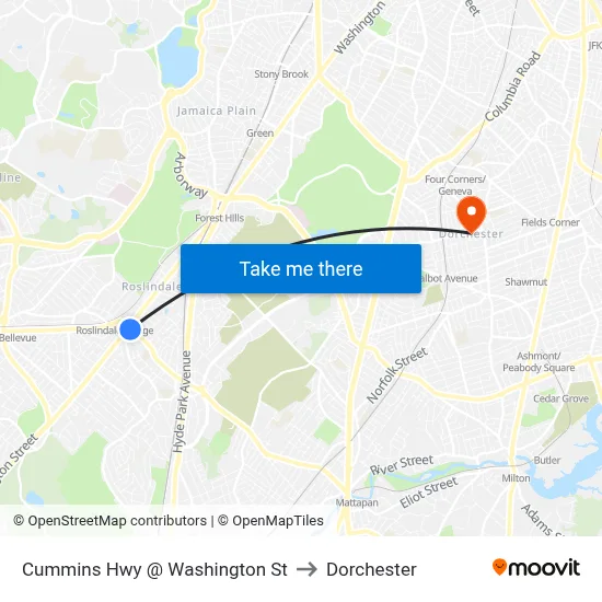 Cummins Hwy @ Washington St to Dorchester map