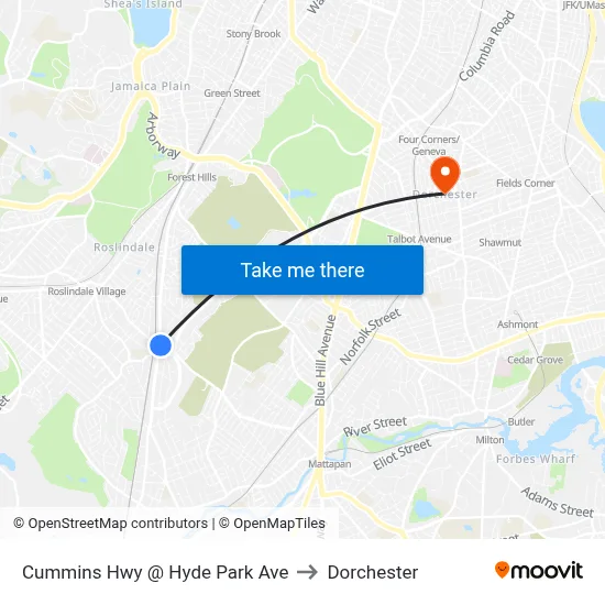 Cummins Hwy @ Hyde Park Ave to Dorchester map