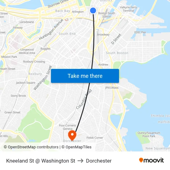 Kneeland St @ Washington St to Dorchester map