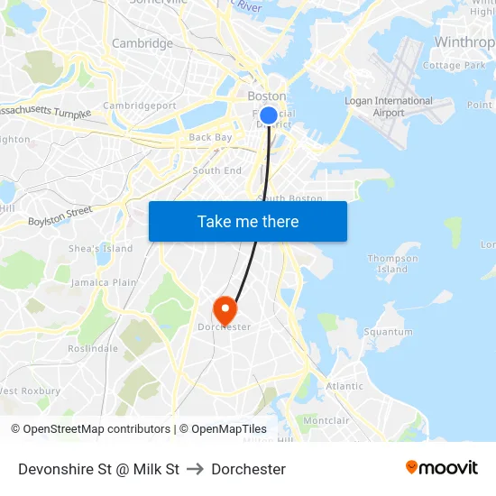 Devonshire St @ Milk St to Dorchester map