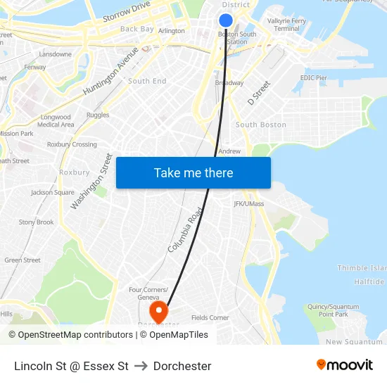 Lincoln St @ Essex St to Dorchester map