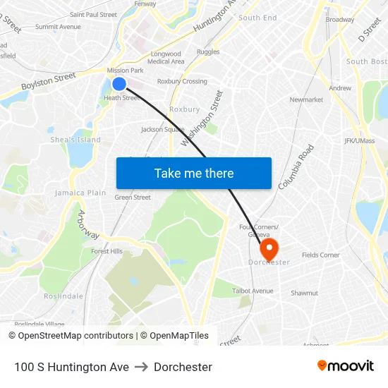 100 S Huntington Ave to Dorchester map