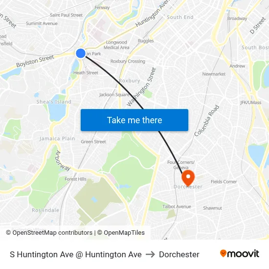 S Huntington Ave @ Huntington Ave to Dorchester map
